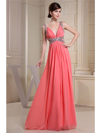 A-Line Evening Gown Sparkle Dress Engagement Floor Length Sleeveless V Neck Chiffon with Pleats Sequin
