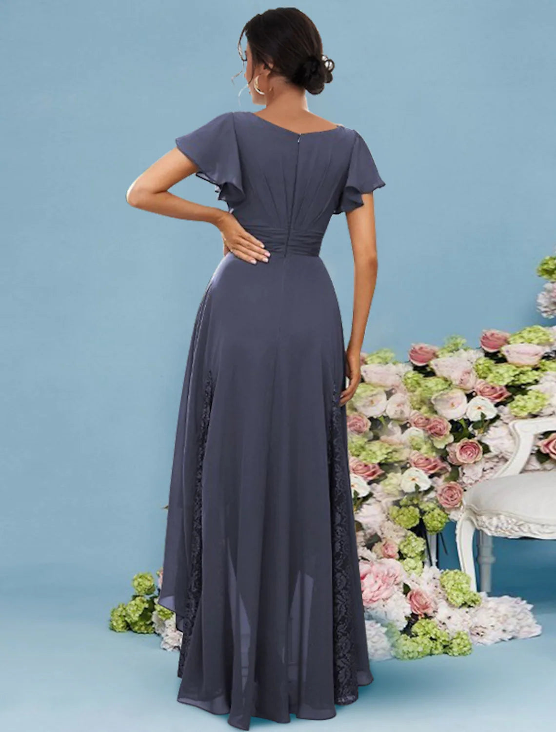 A-Line Bridesmaid Dress V Neck Sleeveless Sexy Asymmetrical Ankle Length Chiffon Lace with Ruffles