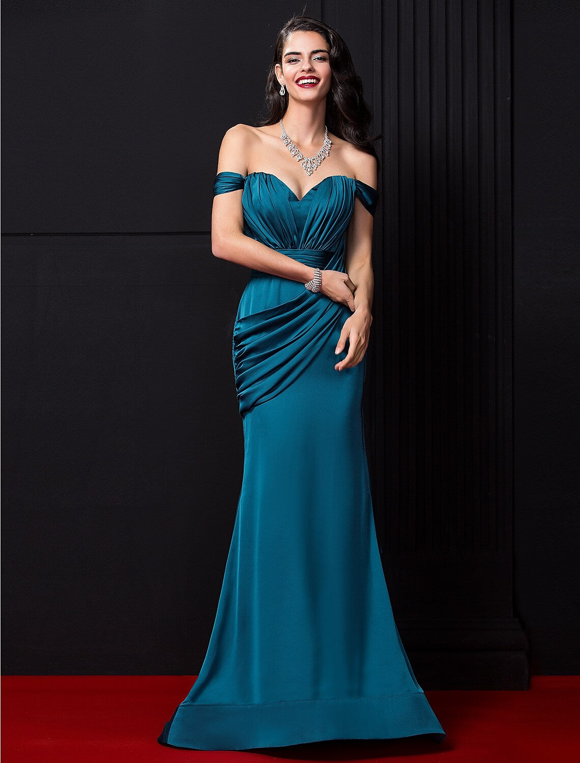 Sexy Dress Engagement Sleeveless Off Shoulder Satin Chiffon with Ruched Draping