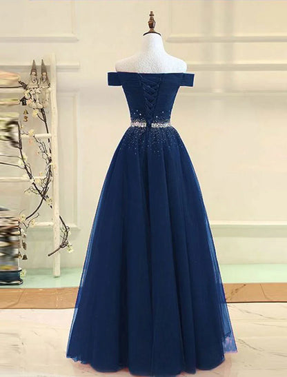 A-Line Evening Gown Party Dress Party Wear Floor Length Short Sleeve One Shoulder Tulle with Beading