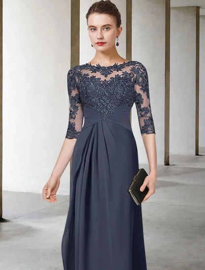 Plus Size Mother of the Bride Dress Elegant Floor Length Chiffon Lace Half Sleeve with Pleats