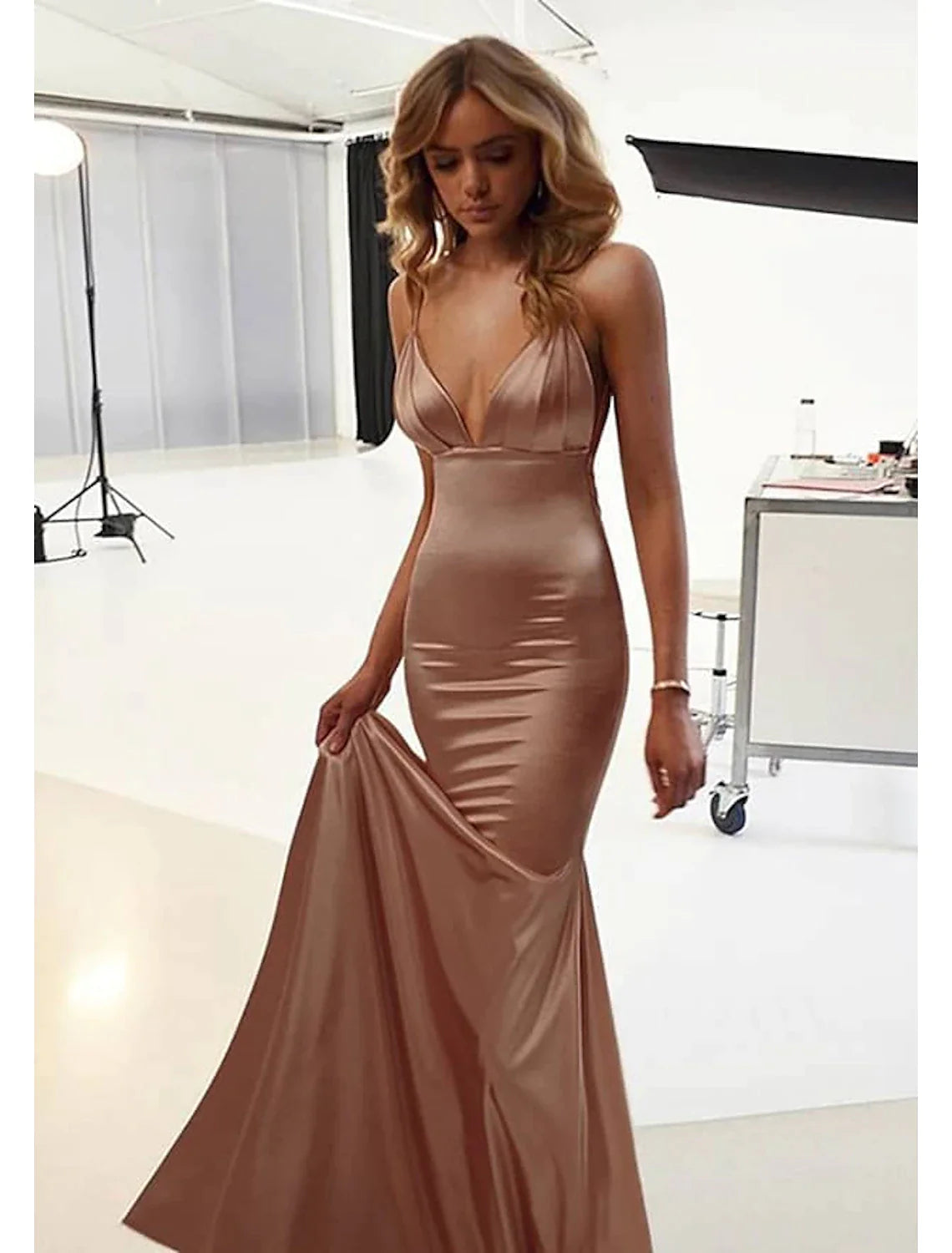 Mermaid / Trumpet Wedding Guest Dresses Sexy Dress Prom Floor Length Sleeveless Spaghetti Strap Cotton Backless with Ruched