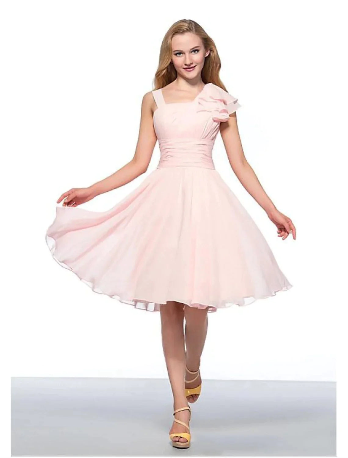 A-Line Elegant Engagement Cocktail Party Dress Neck Sleeveless Knee Length Chiffon with Ruched