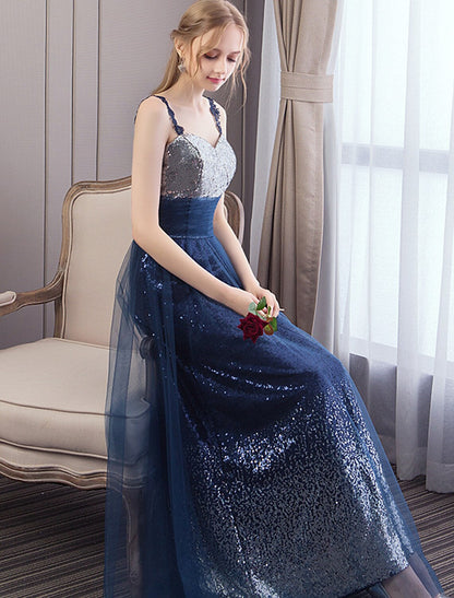 A-Line Elegant Wedding Prom Dress Strap Sleeveless Floor Length Tulle with Sequin
