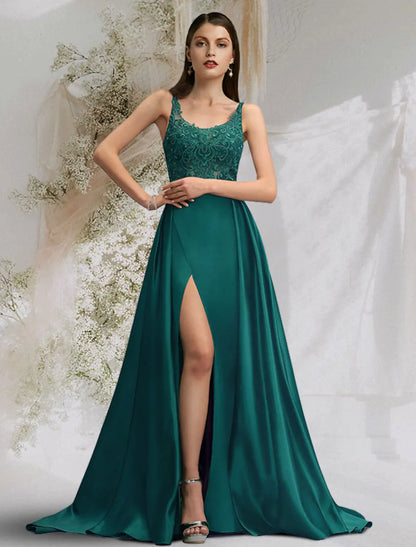 A-Line Prom Dresses Dress Engagement Sleeveless Charmeuse Slit Overskirt Lace