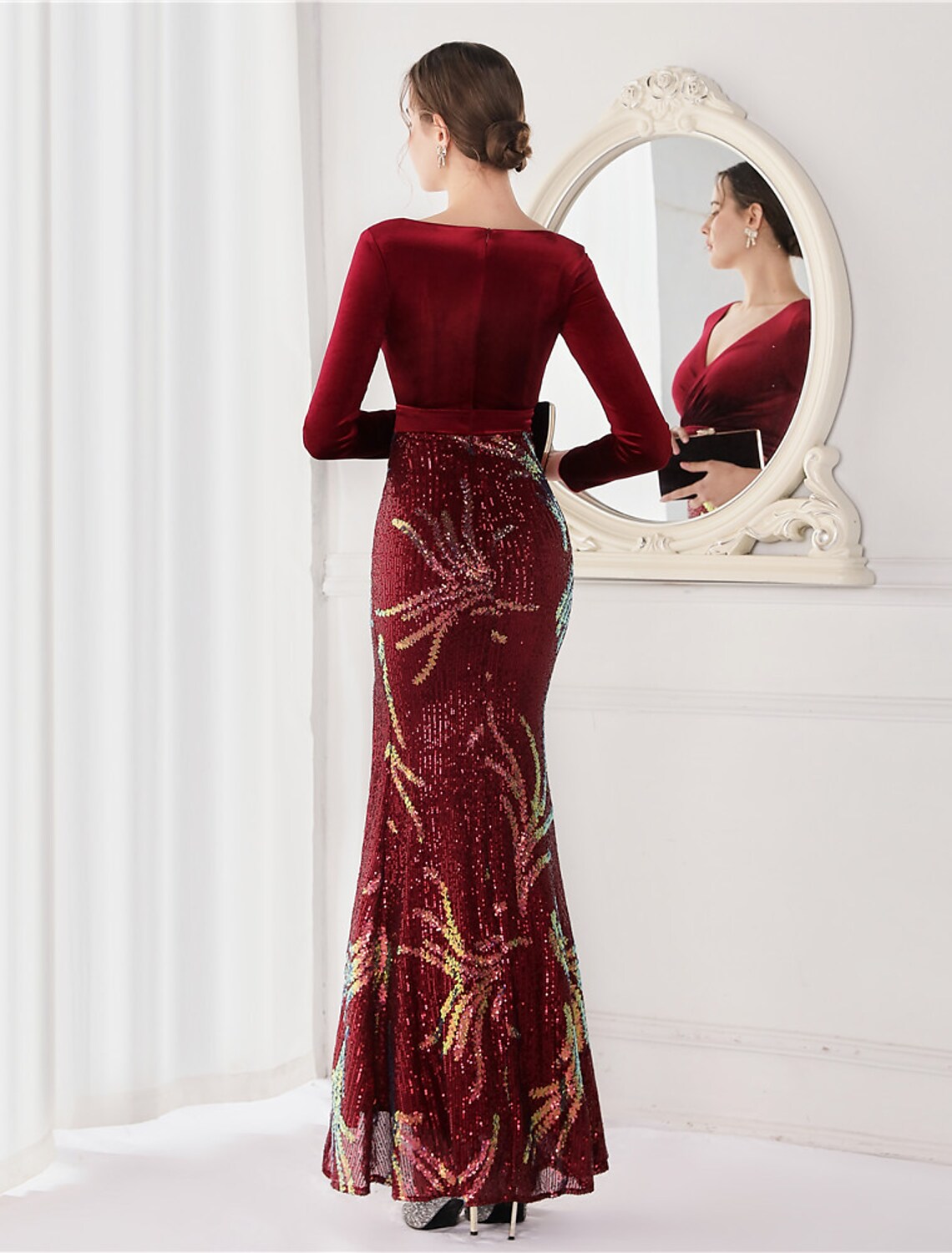 Evening Gown Elegant Dress Wedding Floor Length Long Sleeve V Neck Sequined V Back with Sequin Slit