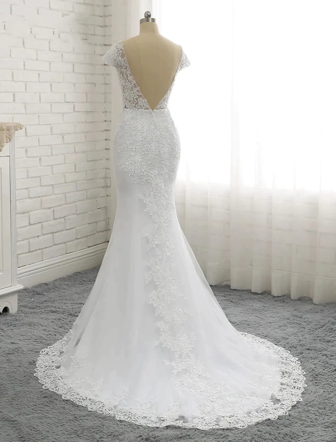 Engagement Open Back Sexy Formal Wedding Dresses Sleeve V Neck Lace With Buttons Pearls
