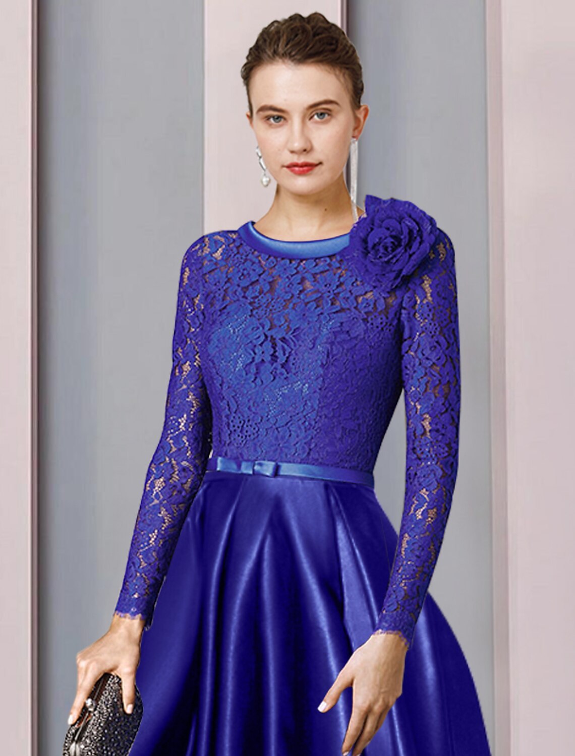 A-Line Mother of the Bride Dress Formal Church Elegant High Low Scoop Neck Satin Lace Long Sleeve with Bow Flower