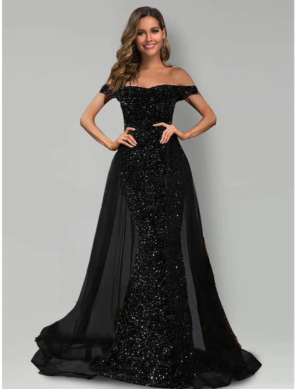 Mermaid / Trumpet Evening Gown Black Dress Formal Sweep / Brush Train Sleeveless Off Shoulder Tulle with Sequin