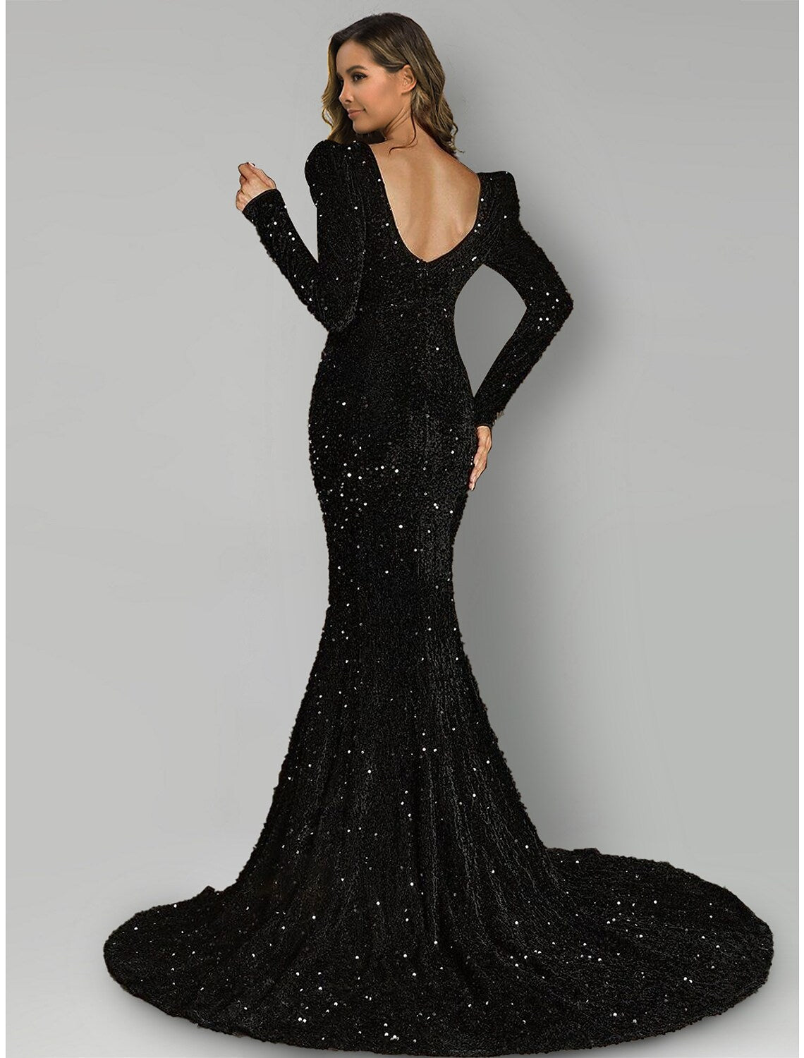 Evening Gown Black Dress Formal Court Train Long Sleeve Square Neck Sequined