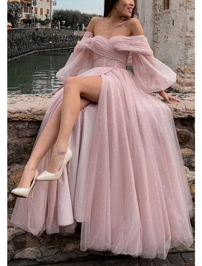 A-Line Prom Dresses Corsets Dress Formal Floor Length Long Sleeve Off Shoulder Tulle Glitter Ruched Slit