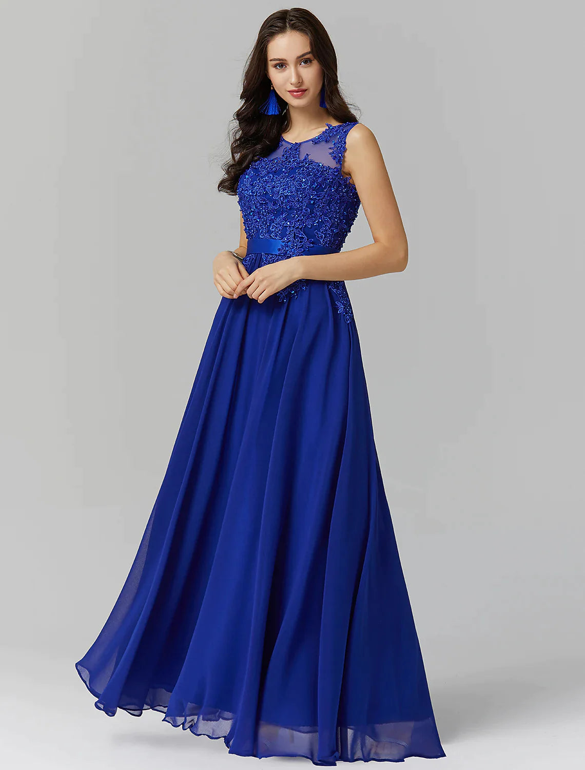 A-Line Evening Gown Wedding Floor Length Sleeveless  Georgette with Appliques