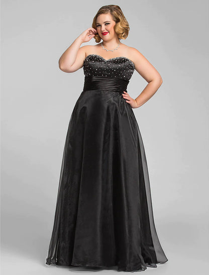 A-Line Little Black Dress Dress Prom Floor Length Sleeveless Sweetheart Ruched Beading