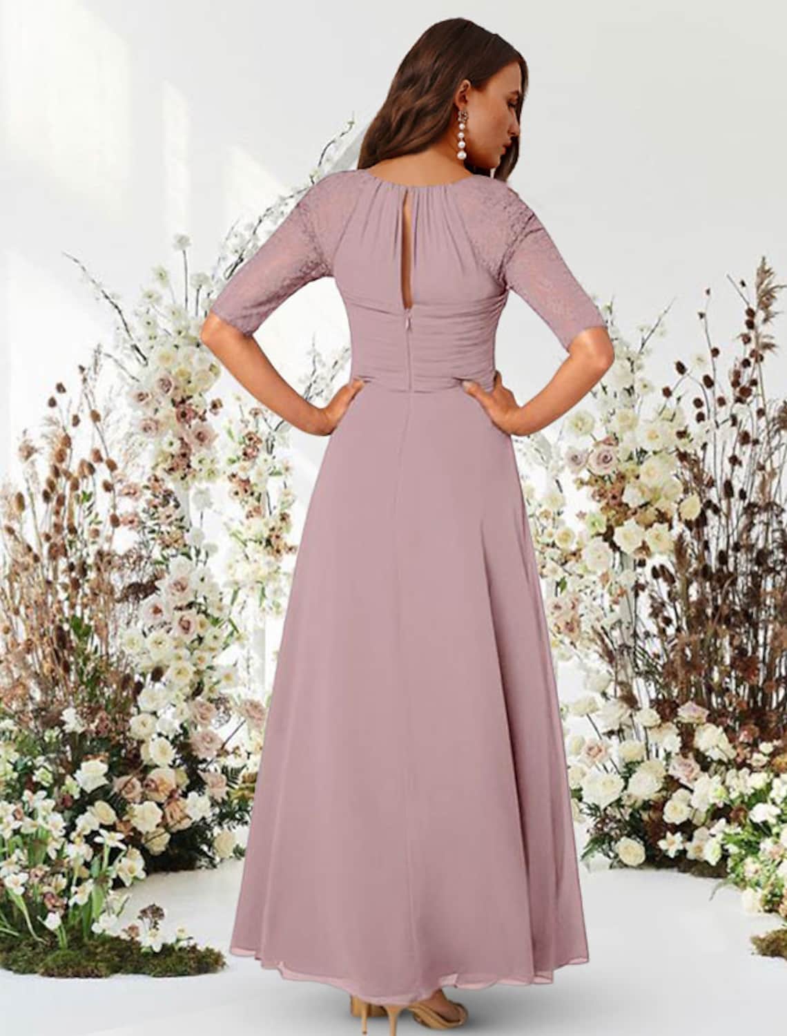 A-Line Evening Gown Elegant Dress Wedding Guest Floor Length Half Sleeve Jewel Neck Chiffon with Pleats Ruched