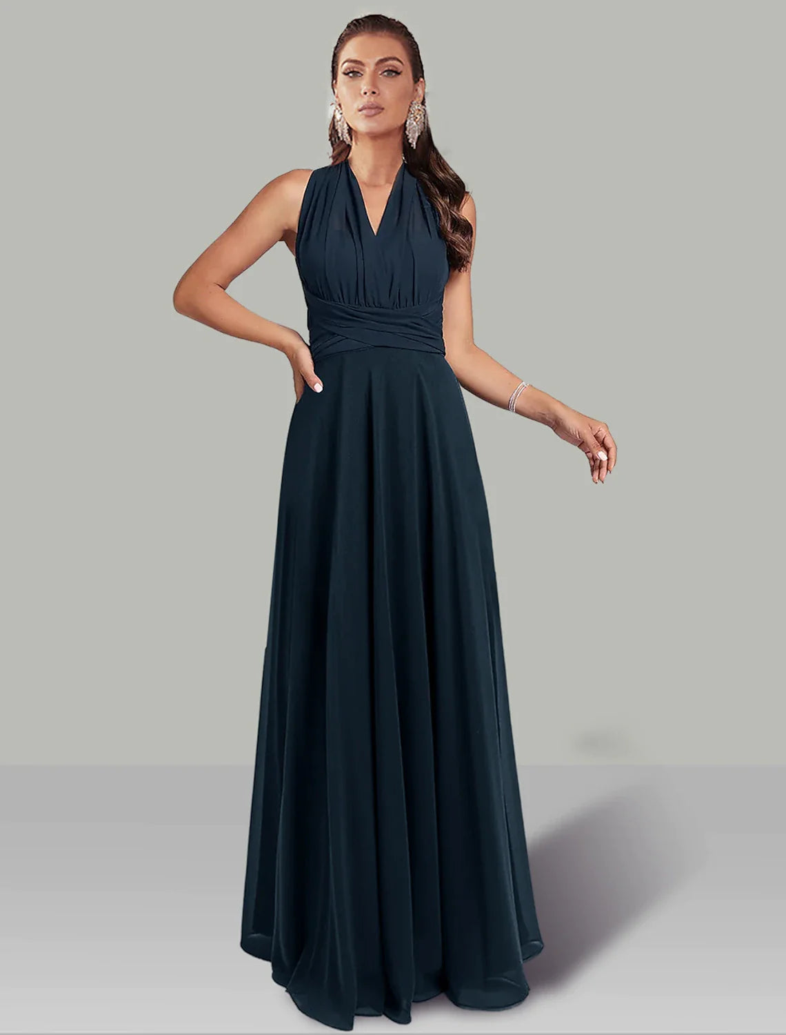 A-Line Wedding Guest Dresses Infinity Dress Wedding Party Floor Length Short Sleeve Halter Convertible Chiffon with Ruched