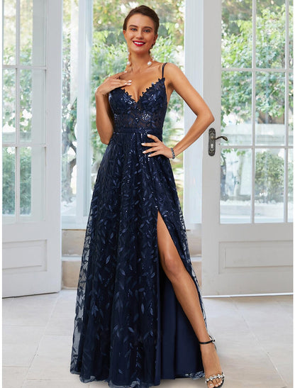 A-Line Evening Gown Floral Dress Formal Floor Length Sleeveless Spaghetti Strap Satin with Slit Appliques