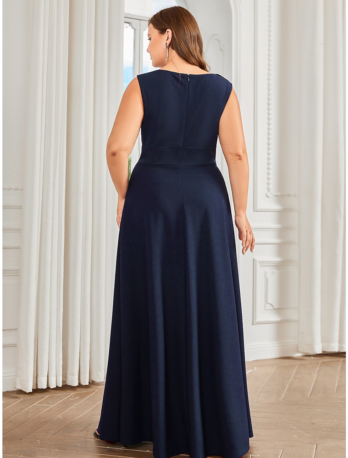 A-Line Evening Gown Plus Size Dress Formal Floor Length Sleeveless Jewel Neck Polyester with Draping Appliques