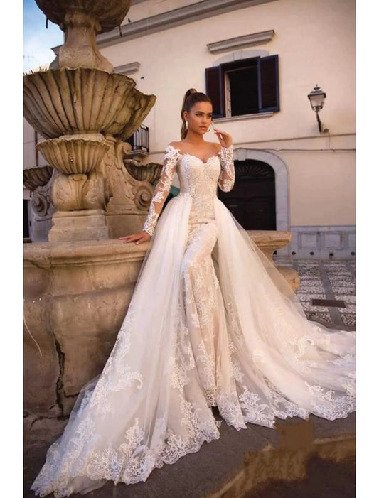 Engagement Open Back Formal Wedding Dresses Two Piece Long Sleeve Lace Appliques