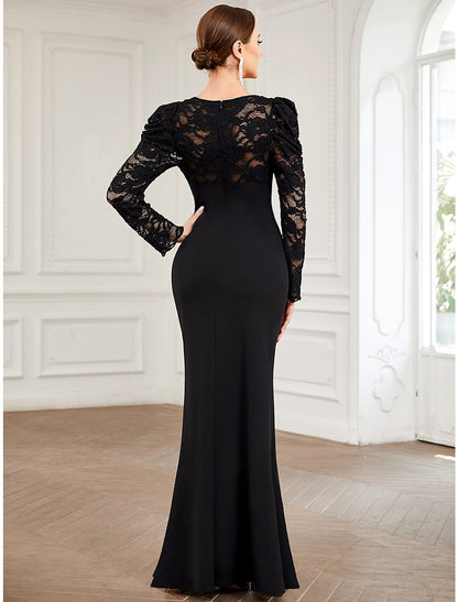 A-Line Evening Gown Vintage Dress Formal Floor Length Long Sleeve V Neck Lace with Pure Color