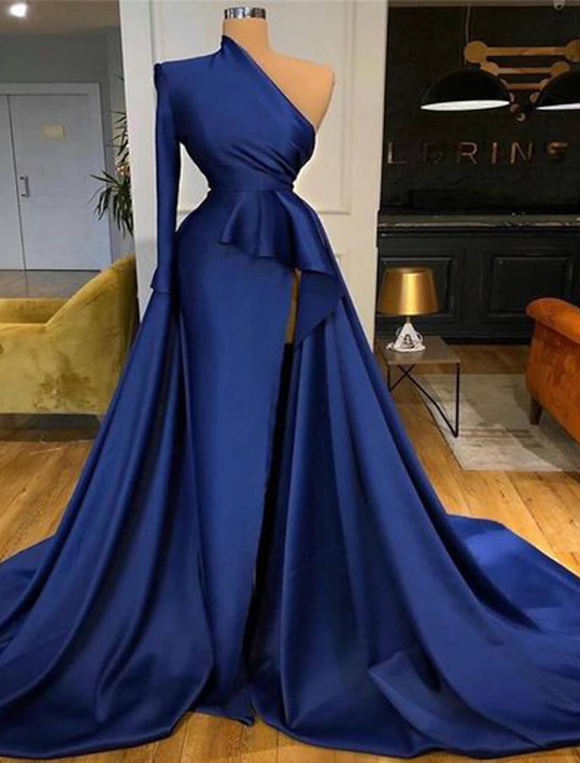 A-Line Sexy Wedding Guest Formal Evening Dress One Shoulder Long Sleeve Satin with Ruffles Slit