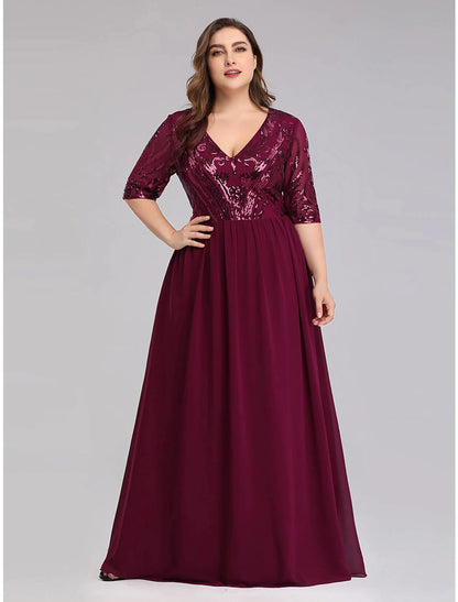 A-Line Prom Dresses Plus Size Dress Wedding Guest Floor Length Half Sleeve Plunging Neck Chiffon with