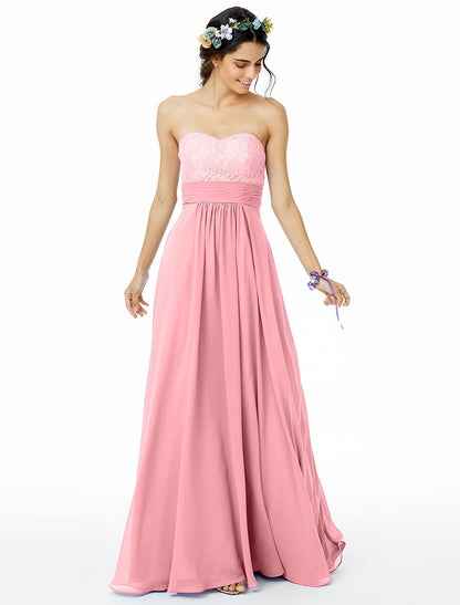 A-Line Bridesmaid Dress Sweetheart Neckline Sleeveless Open Back Floor Length Chiffon / Lace with Lace / Sash / Ribbon / Ruched