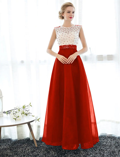 A-Line Elegant Beaded Sequin Prom Formal Evening Dress Sleeveless Floor Length Tulle Over Lace Beading