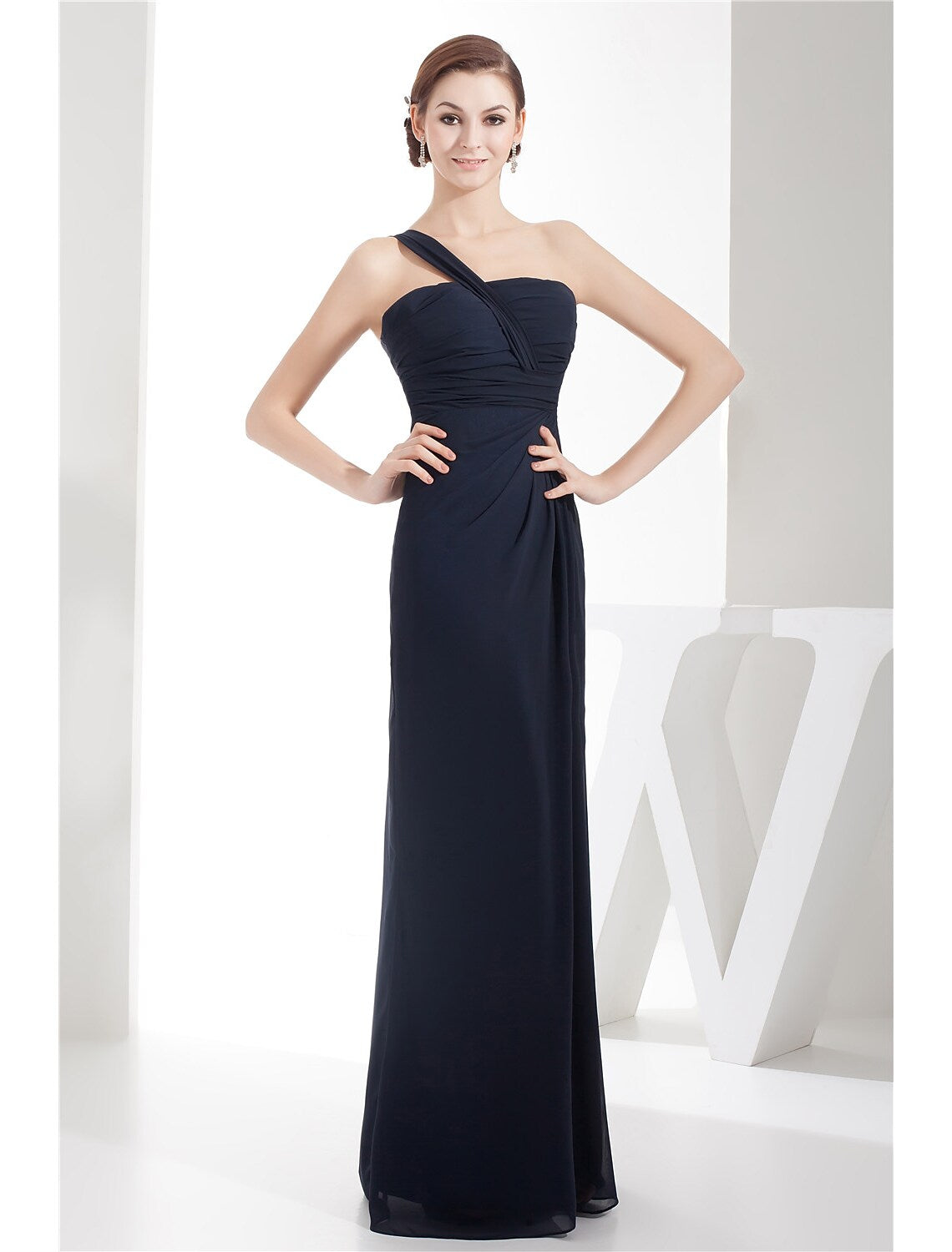 Evening Gown Dress Wedding Floor Length Sleeveless One Shoulder Chiffon with Ruched