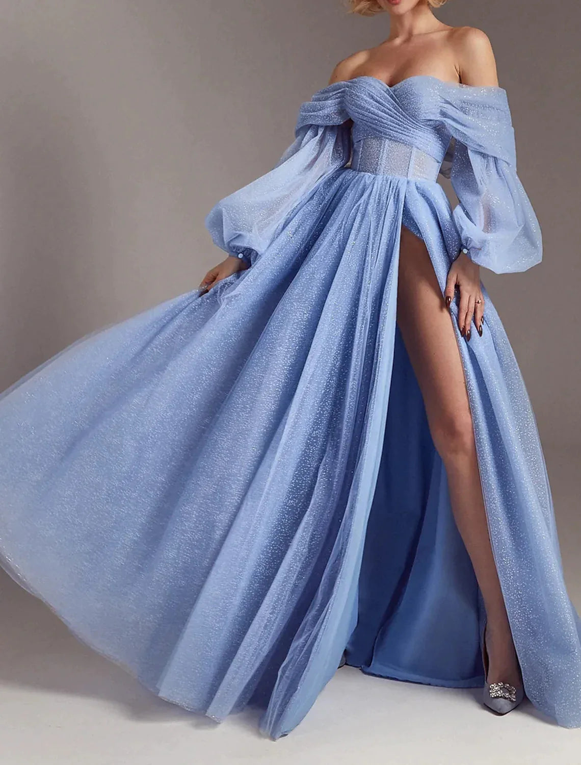 A-Line Prom Dresses Corsets Dress Formal Floor Length Long Sleeve Off Shoulder Tulle Glitter Ruched Slit