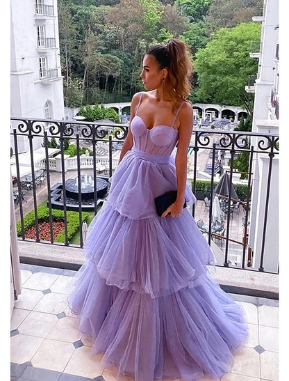 Ball Gown Prom Dresses Tiered Dress Formal Floor Length Sleeveless Sweetheart Tulle Backless with Pleats Ruched