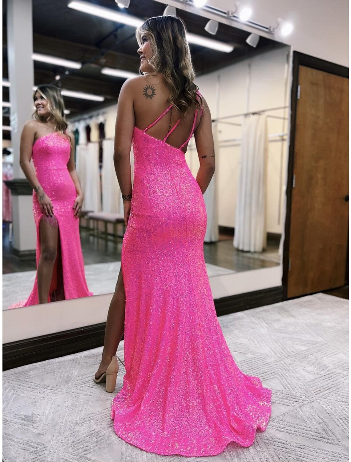 Prom Dresses Sexy Dress Formal Sleeveless One Shoulder Sequined Backless with Sequin Slit