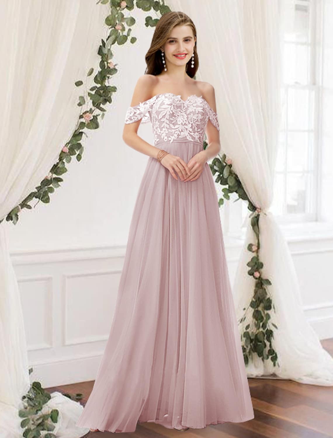 A-Line Bridesmaid Dress Off Shoulder Sleeveless Elegant Floor Length Chiffon Lace with Pleats Appliques