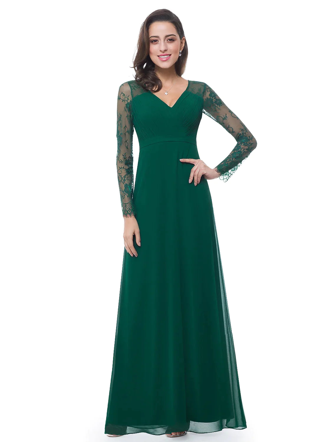 A-Line Evening Gown Elegant Dress Wedding Guest Floor Length Long Sleeve V Neck Chiffon Ribbon Ruched Lace