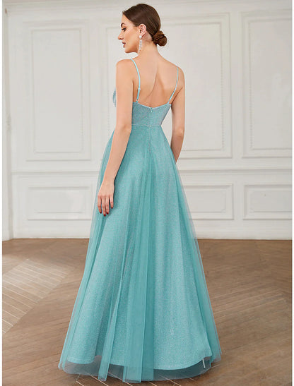 A-Line Prom Dresses Elegant Dress Wedding Guest Floor Length Sleeveless V Neck Tulle with Draping Pure Color