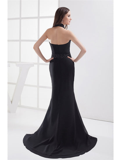 Evening Gown Elegant Dress Formal Evening Court Train Sleeveless Halter Chiffon with Beading