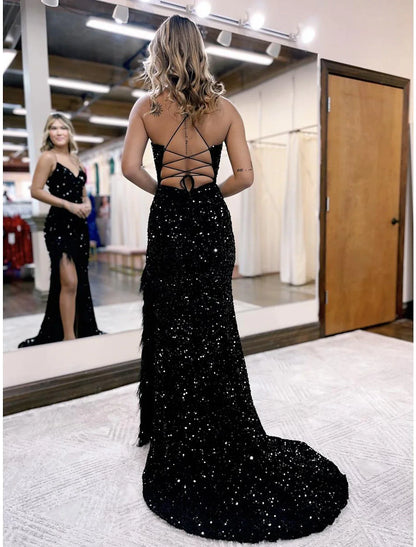 Mermaid / Trumpet Prom Dresses Sparkle & Shine Dress Formal Court Train Sleeveless V Neck Sequined Backless with Sequin Slit