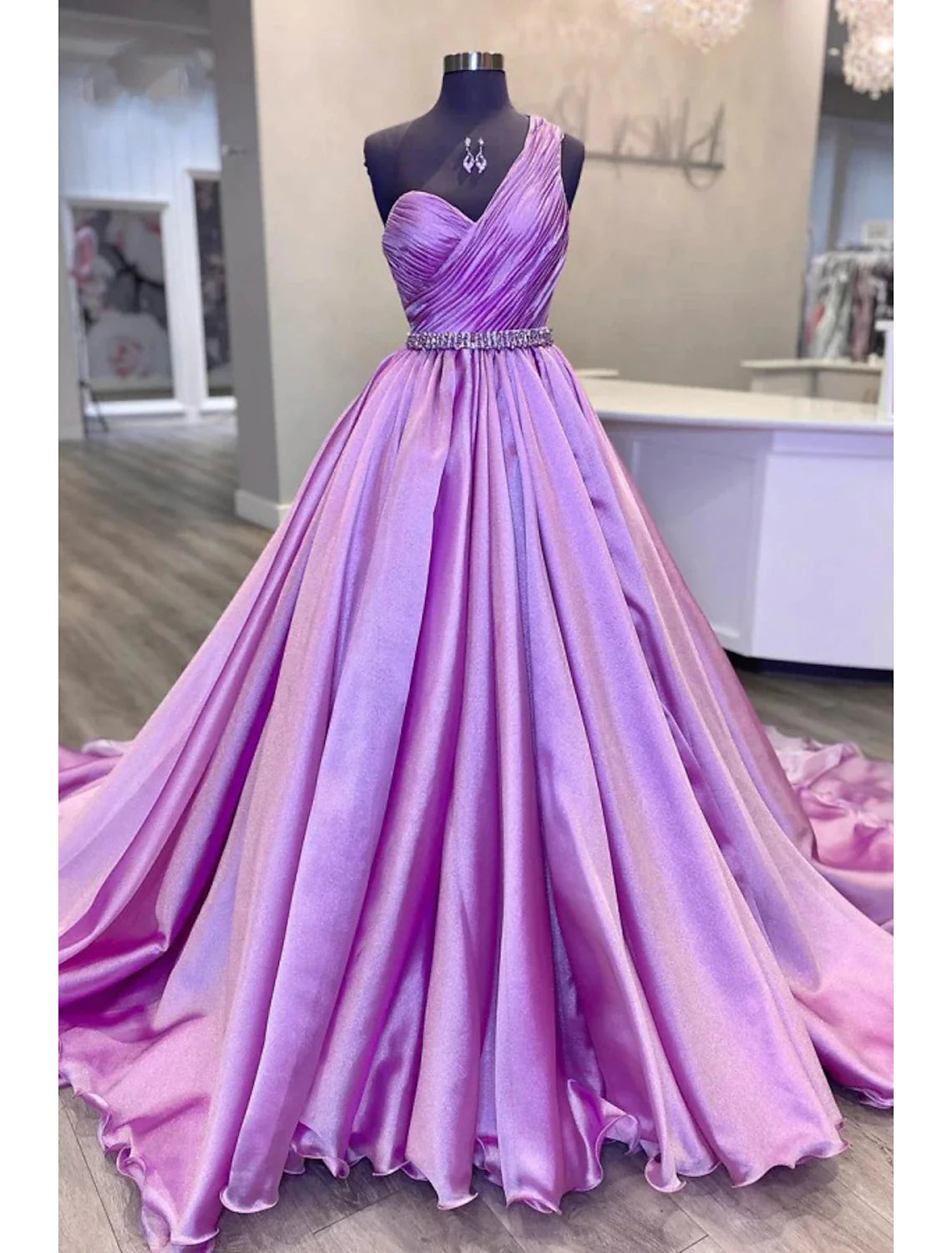 Ball Gown Evening Gown Luxurious Dress Wedding Party Court Train Sleeveless One Shoulder Belt / Sash Charmeuse with Ruched Crystals