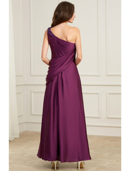 A-Line Evening Gown Elegant Dress Wedding Floor Length Sleeveless One Shoulder Polyester with Pleats Ruched