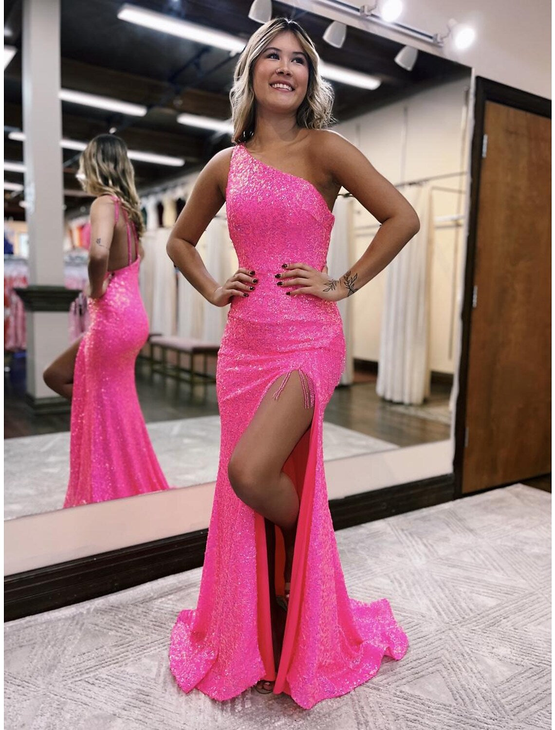 Prom Dresses Sexy Dress Formal Sleeveless One Shoulder Sequined Backless with Sequin Slit