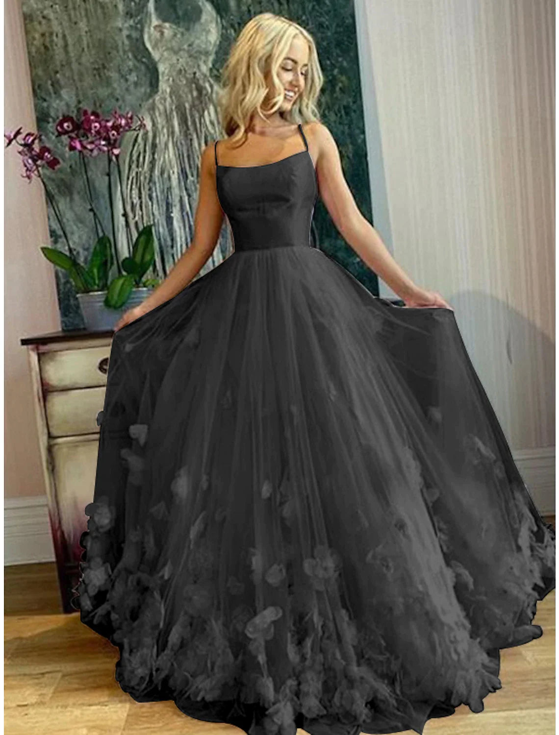 A-Line Prom Dresses Floral Dress Performance Floor Length Sleeveless Spaghetti Strap Tulle with Pleats Appliques