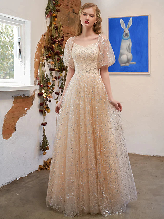 A-Line Glittering Elegant Prom Formal Evening Dress Short Sleeve Floor Length Tulle Pleats Sequin