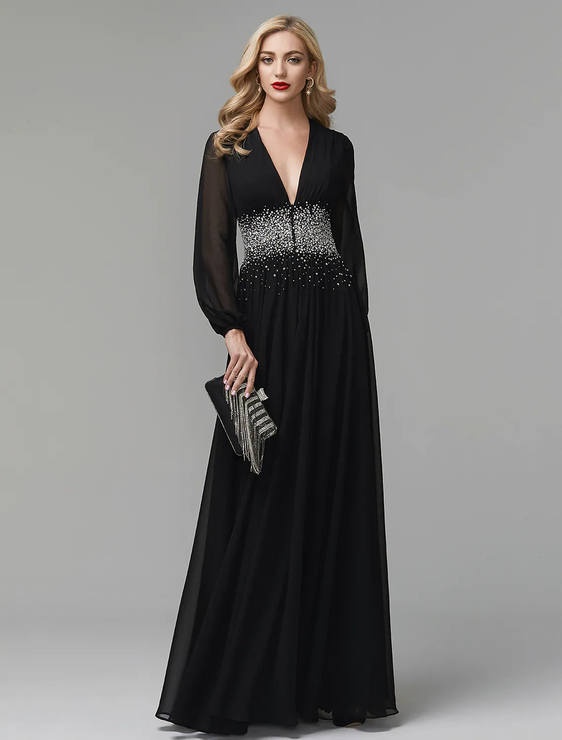 A-Line Evening Dress Celebrity Red Carpet Formal Gown Black Wedding Guest Floor Length Long Sleeve V Neck Chiffon with Sequin