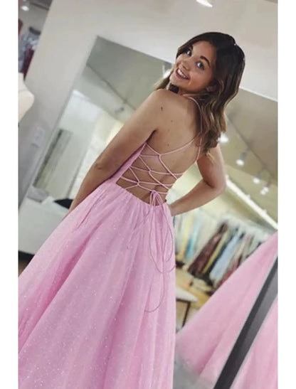 Ball Gown A-Line Prom Dresses Glittering Dress Formal Floor Length Sleeveless V Neck Tulle Backless with Pleats