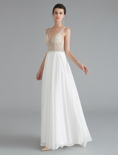 A-Line Evening Gown  Dress Engagement Floor Length Sleeveless V Neck Chiffon V Back with Beading