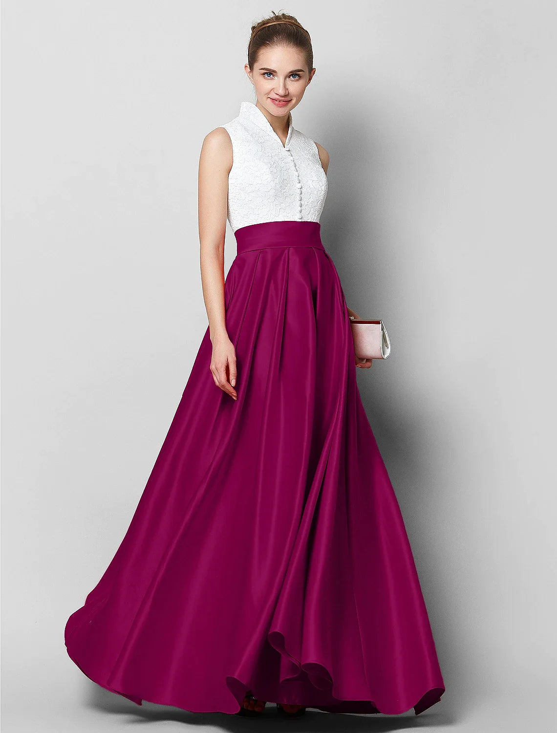 A-Line Elegant & Luxurious Color Block Formal Evening Black Tie Gala Dress High Neck Sleeveless Floor Length Lace with Pleats