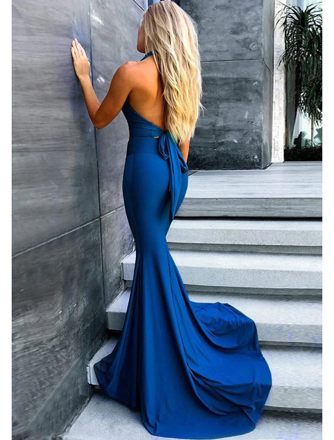 Mermaid / Trumpet Evening Gown Empire Dress Prom Court Train Sleeveless V Neck Stretch Fabric with Pleats