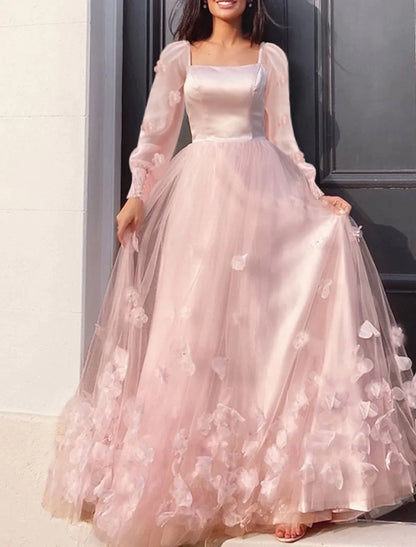 A-Line Prom Dresses Dress Sweet Long Sleeve Scoop Neck Tulle with Appliques Butterfly