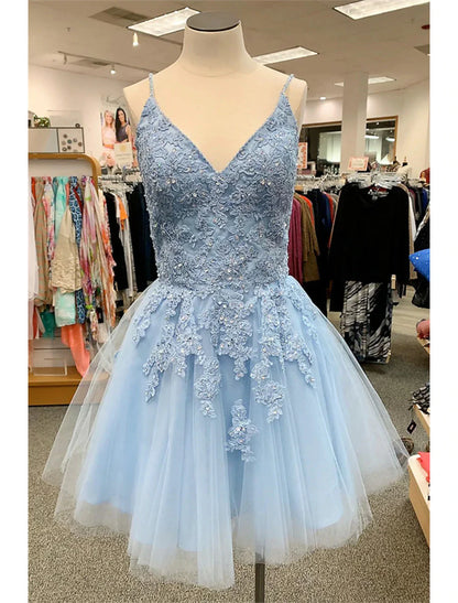 A-Line Homecoming Dresses Floral Dress Party Wear Cocktail Party Short / Mini Sleeveless Spaghetti Strap Tulle with Appliques