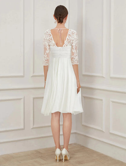 Bridal Little White Dresses Wedding Dresses Knee Length A-Line Half Sleeve V Neck Chiffon Draping Appliques