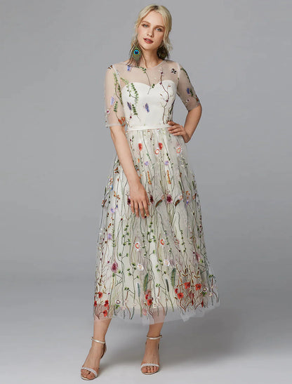A-Line White Dress Holiday Half Sleeve Lace with Embroidery Appliques